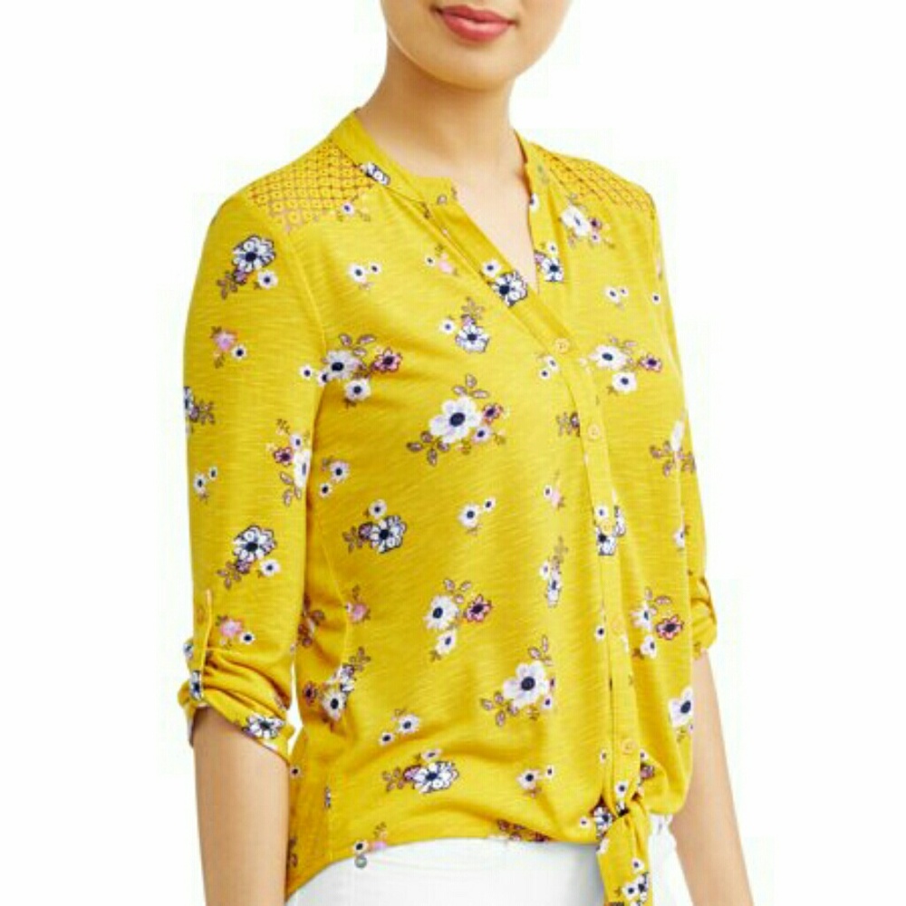 Lace Yolk Tie Front Blouse Gold Floral - Picture 3 of 4